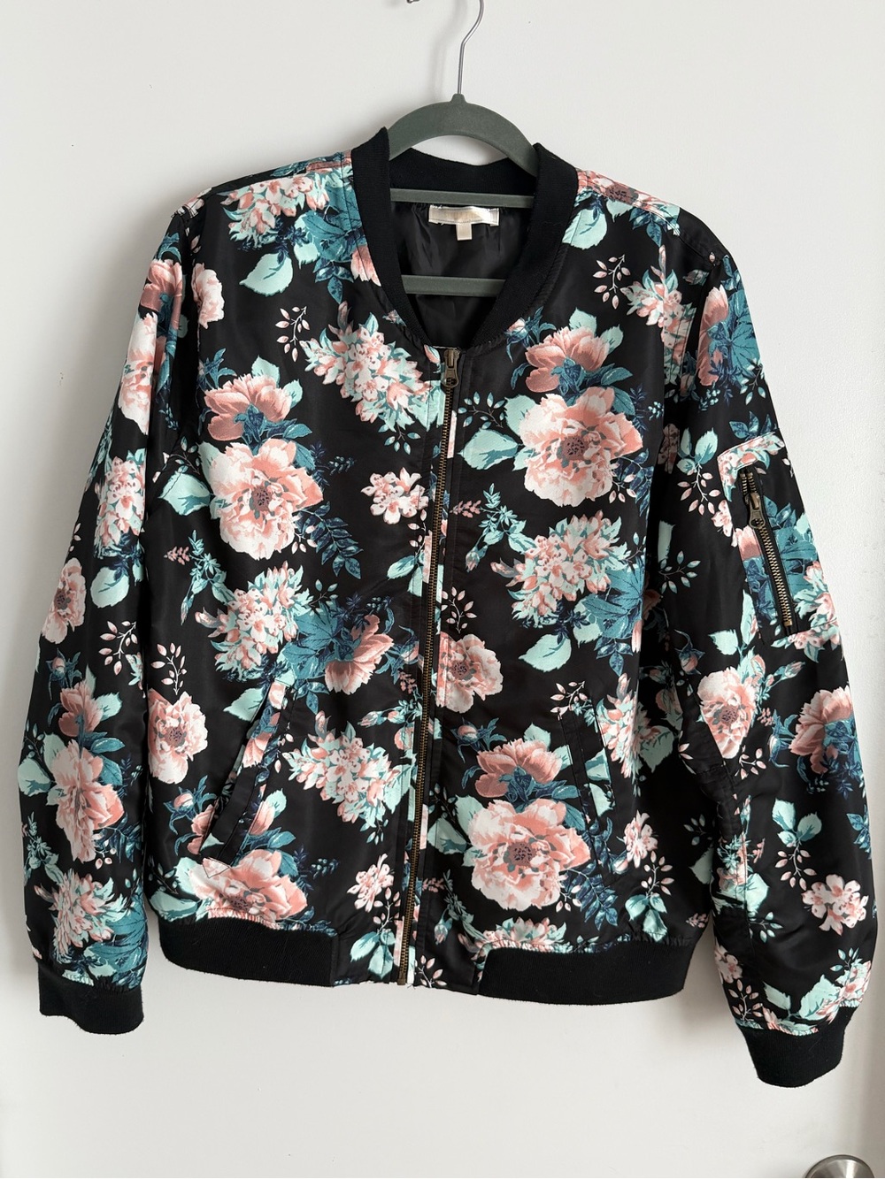 Stella Tweed Black Bomber Jacket with Pink & Teal Floral Print